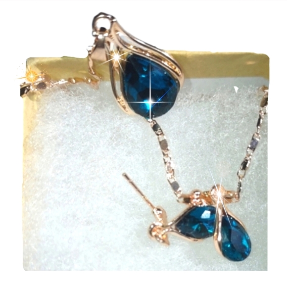 Necklace Set Cyan Blue Cubic Zirconia Rose Gold - Picture 6 of 15